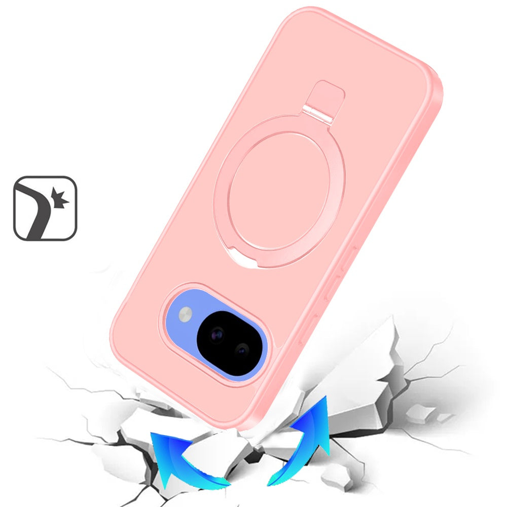Phone Case for Google Pixel 10A Magnetic Ring Stand Full Rotation Matte Shockproof Grip Anti Slip Durable Camera Protection Hybrid Cover Light Pink