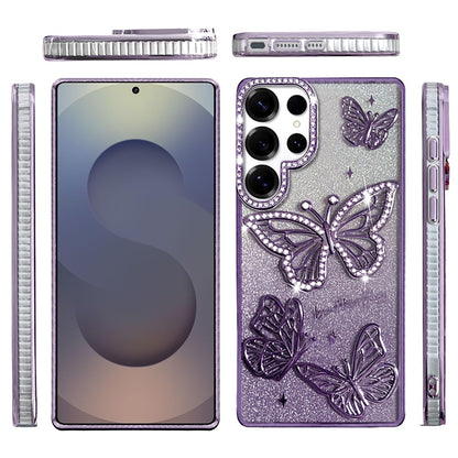 For Samsung Galaxy S26 Ultra Luxury Butterfly Sparkle Glitter Diamond Crystal Rhinestone Shimmer Bling Plating Thick TPU Hard PC Case Cover