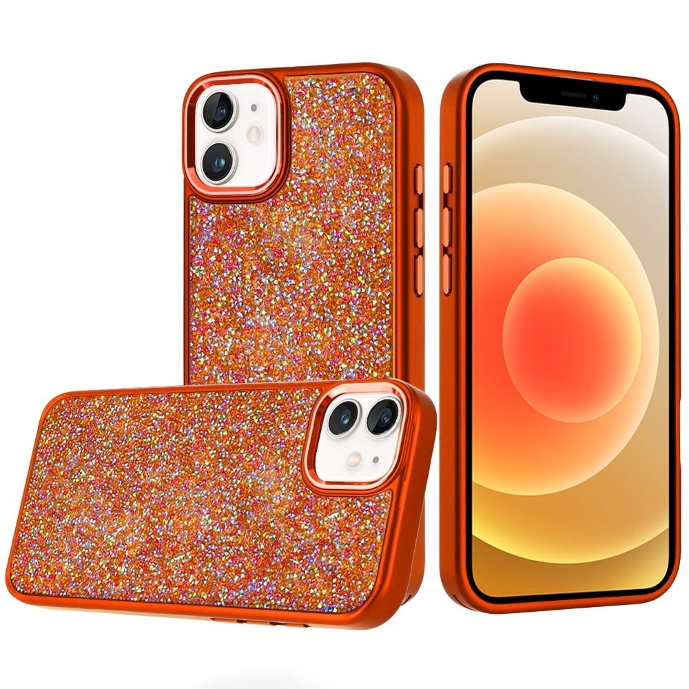 Phone Case for Apple iPhone 12 /12 Pro Crystal Glass Bling Diamond Metallic Edge Shockproof Durable Protective Clear Hybrid Stylish Premium Design Cover Cosmic Orange