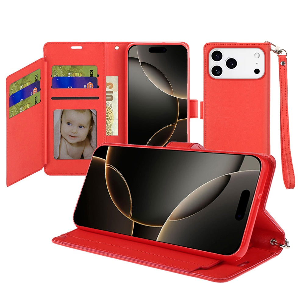 For Apple iPhone 17 Pro (6.3") Wallet Cases PU Leather with Credit Card /ID /Cash Holder Slot Dual Flip Book Pouch, Stand and Strap Case Cover