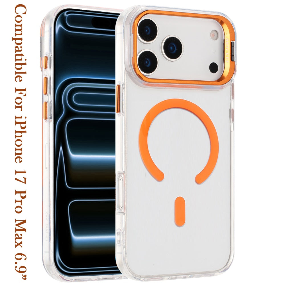 Phone Case for Apple iPhone 17 Pro Max (6.9") Clear Metallic Camera Stand Magnetic Hybrid TPU Shockproof Grip Camera Protection Kickstand Durable Armor Cover Cosmic Orange