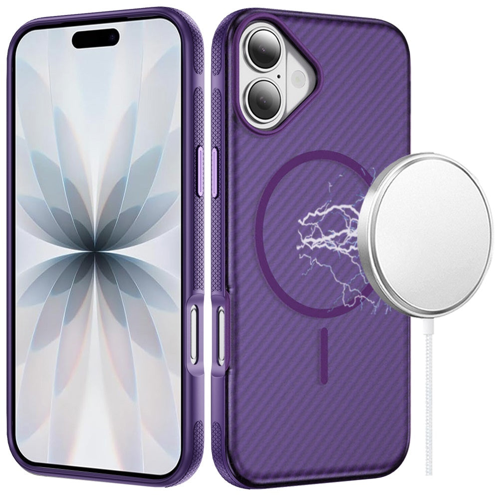 For Apple iPhone 17 (6.3") Thick Carbon Design Magnetic Hybrid Drop Protection with Metallic Buttons & MagSafe Compatible Case Cover Purple