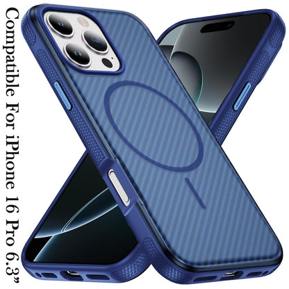 Phone Case for Apple iPhone 16 Pro Max Shockproof Magnetic Carbon Fiber Texture Metallic Button Rugged Grip Anti Fingerprint Heavy Duty Hybrid Armor Cover Blue
