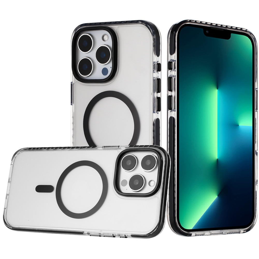 For iPhone 16 Pro Max Transparent Hybrid with Color-Matched Magnetic Circle, Rubber TPU Frame Hard PC Shockproof Case Cover