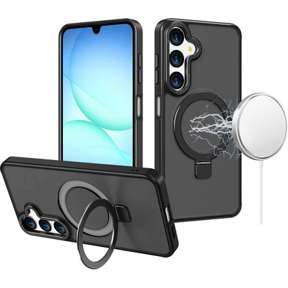 Phone Case for Samsung Galaxy A17 Strong Magnetic Metal Kickstand Hybrid TPU Hard PC Shock Absorbing Armor Slim Protector Cover Black