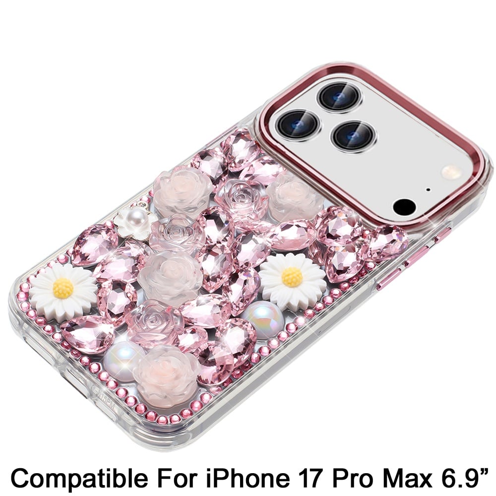 Phone Case for Apple iPhone 17 Pro Max Full Bling Rhinestone Glitter Floral Luxury Hybrid Shockproof Stylish Sparkling Protective Designer Ornament Cover Pink