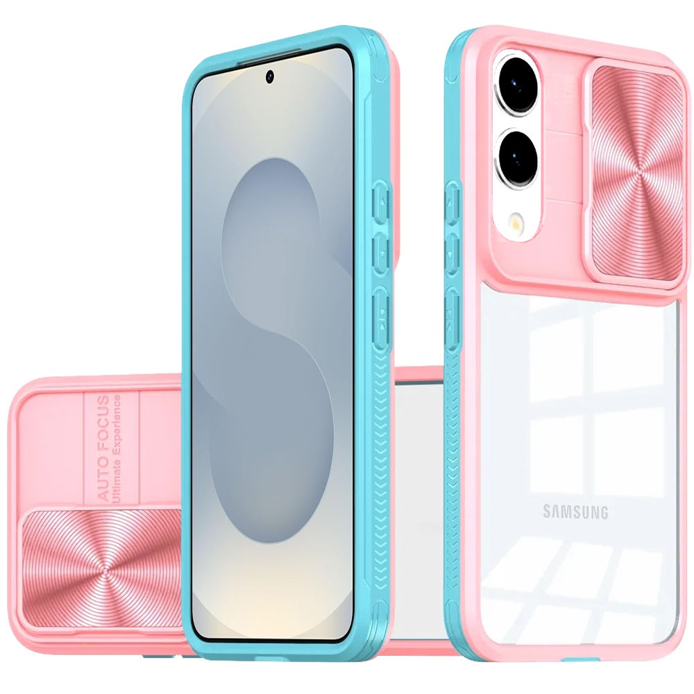 For Samsung Galaxy S25 Edge Hybrid Cases with Sliding Camera Cover Transparent Shockproof Bumper TPU Protective Case Cover Pink/Blue