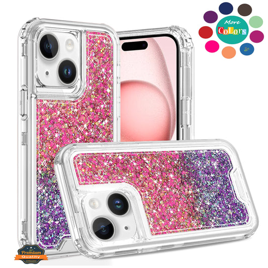 For Apple iPhone 17E /16E Epoxy Bling Glitter Sparkly 3-in-1 Transparent Hybrid Full-Body Shockproof PC Bumper Case Cover Pink + Blue