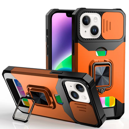 Phone Case for Apple iPhone 14/13 Card Holder Magnetic Ring Stand Shockproof Anti Slip Wallet Grip Protective Hybrid Design Cover Cosmic Orange