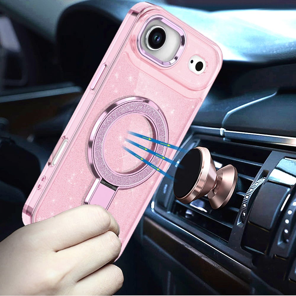 For Apple iPhone 17 Air (6.6") Transparent Glitter Bling Case with Rotating Magnetic Ring Stand, Shockproof Hybrid Case Cover Light Pink