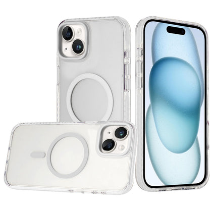 For iPhone 15 (6.1") Transparent Hybrid with Color-Matched Magnetic Circle, Rubber TPU Frame Hard PC Shockproof Case Cover