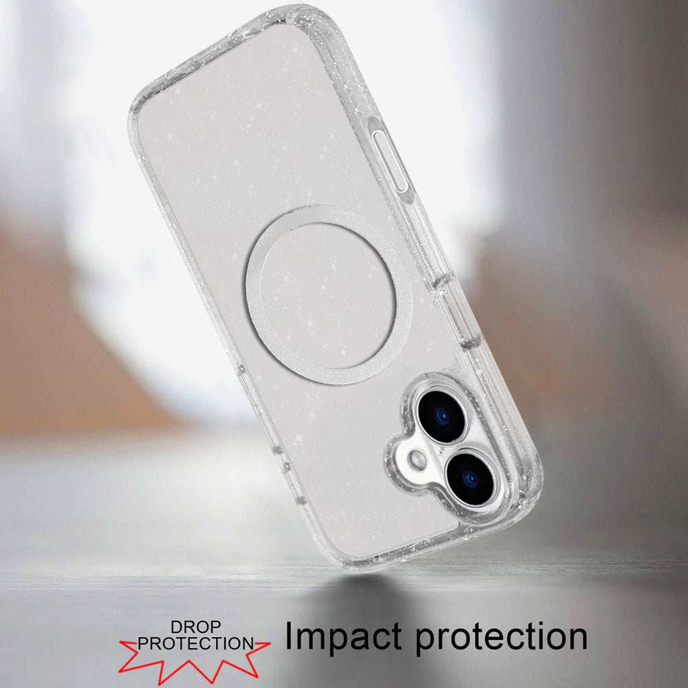 For Apple iPhone 16 Pro (6.3") Transparent Glitter Bling Sparkly Shiny Case Hybrid Magnetic Circle Compatible with MagSafe Shockproof Case Cover