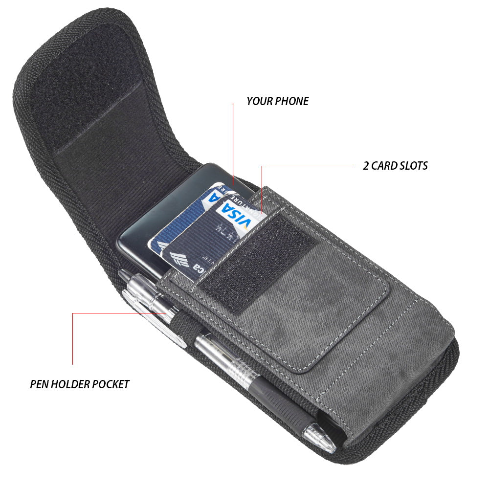 For Apple iPhone 16 Pro (6.3") Universal Vertical Fabric Case Holster with 2 Card Slots, Pen Holder, Belt Clip Loop & Hook Carrying Phone Pouch [Black]