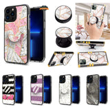For Apple iPhone 15 Pro (6.1") Elegant Pattern Design Bling Glitter Hybrid with Ring Stand Pop Up Finger Holder Kickstand  Phone Case Cover