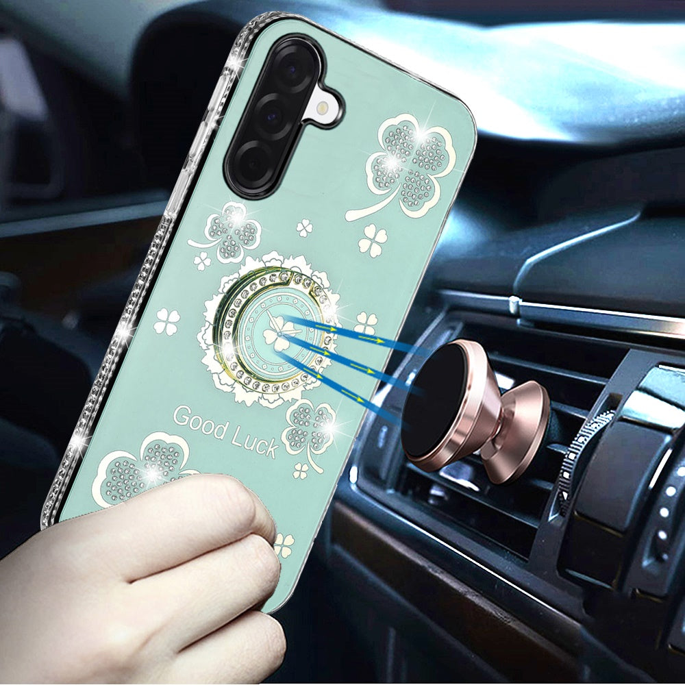 Phone Case for Galaxy A17 5G Glitter Diamond Ring Stand Sparkle Rhinestone Edge AntiSlip Kickstand Luxury Fashion Bumper Shockproof Cover Green
