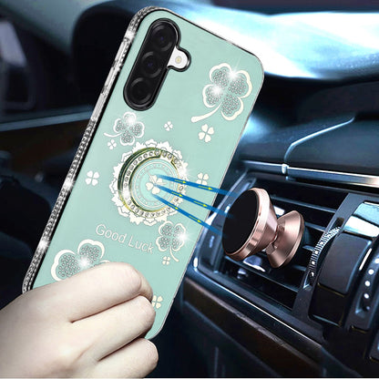 Phone Case for Galaxy A17 5G Glitter Diamond Ring Stand Sparkle Rhinestone Edge AntiSlip Kickstand Luxury Fashion Bumper Shockproof Cover Green