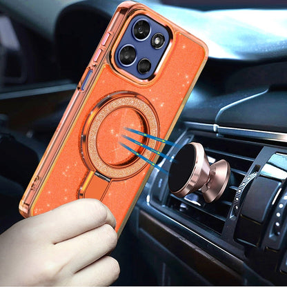 For Motorola Moto G Stylus 5G 2026 /2025 Transparent Glitter Bling Case with Rotating Magnetic Ring Stand, Shockproof Hybrid Case Cover Cosmic Orange