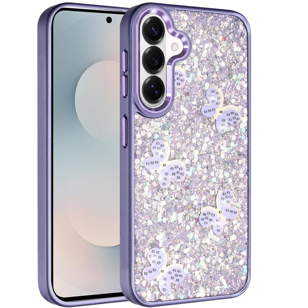 For Samsung Galaxy S26 Cute Butterfly Crystal Diamond Glitter Case Sparkle Bling Frame Metallic Edges, Shimmer TPU Hybrid Case Cover