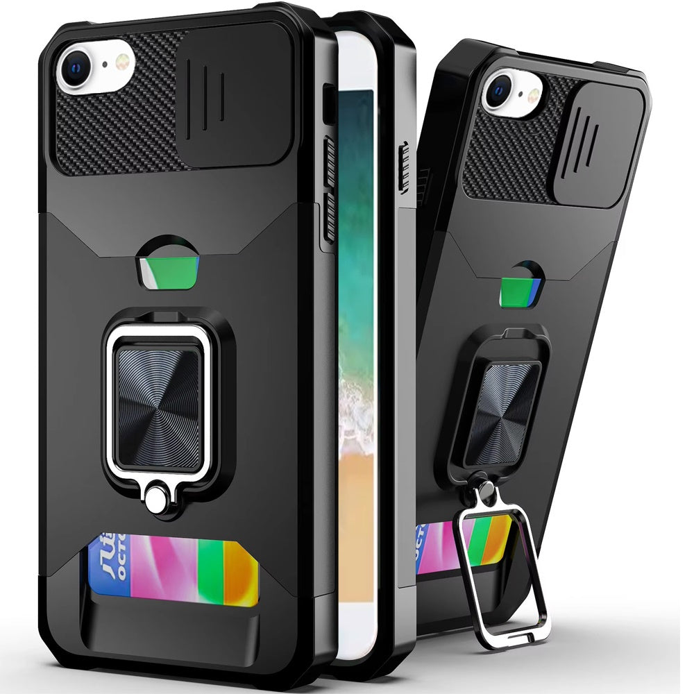For Apple iPhone 17E /16E Wallet Case with Ring Stand & Slide Camera Cover Back Credit Card Slot Holder, Military Grade Case Cover