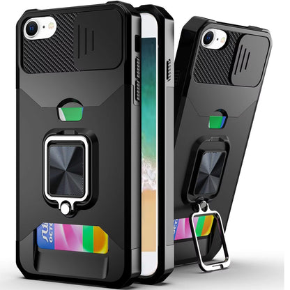 For Apple iPhone 17E /16E Wallet Case with Ring Stand & Slide Camera Cover Back Credit Card Slot Holder, Military Grade Case Cover
