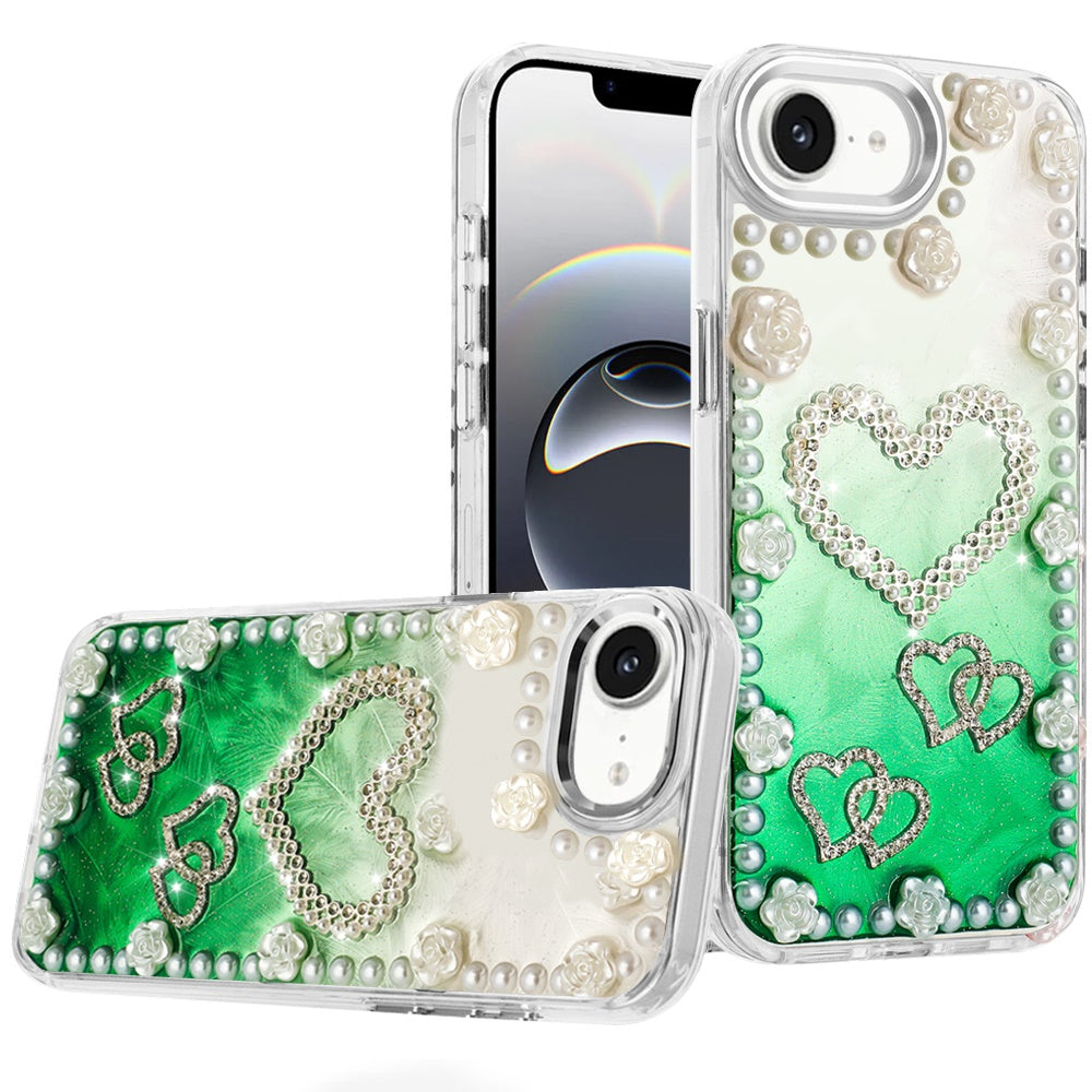 For Apple iPhone 16e Bling Fashion Design with 3D Pearls Epoxy Glitter Ornaments Chrome Edge Hard Slim PC Case Cover