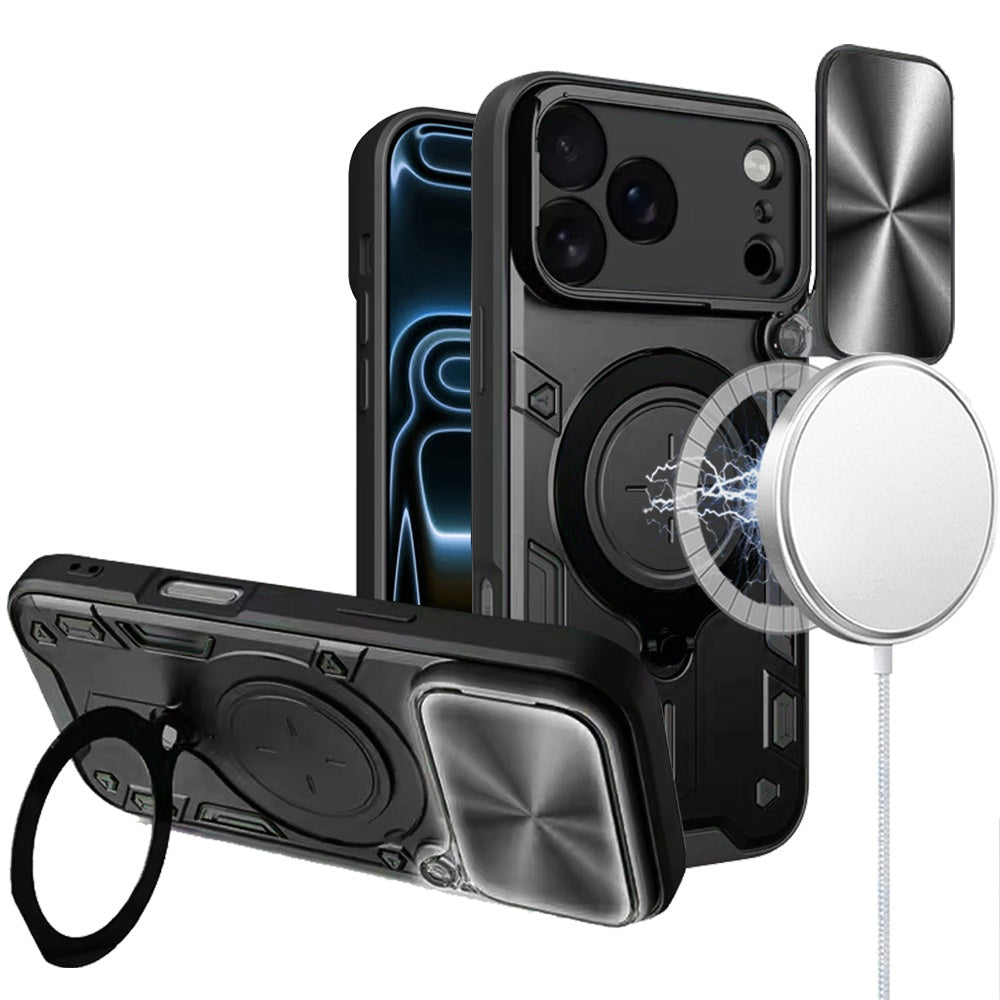 Phone Case for Apple iPhone 18 Pro Magnetic Ring Stand Shockproof Hybrid Full Camera Slide Guard Anti Slip Heavy Duty Protective Armor Cover Black