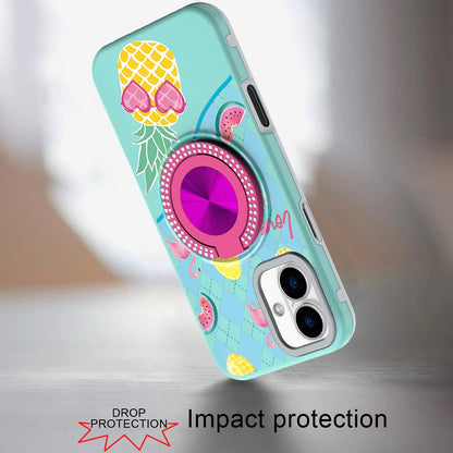 For iPhone 16 (6.1") Pattern Design Hybrid with Invisible Ring Stand & Magnetic Back, Shockproof Protective Grip Case Cover