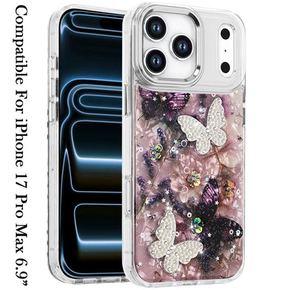 For Apple iPhone 17 Pro Max (6.9") Epoxy Glitter Flowers Bling 3D Butterfly Fashion TPU Hybrid with Shockproof Protection Case Cover