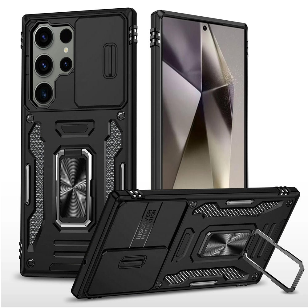 For Samsung Galaxy S25 Ultra Tough Hybrid Case with Movable Camera Window & Metal Ring Stand Shockproof Case Cover