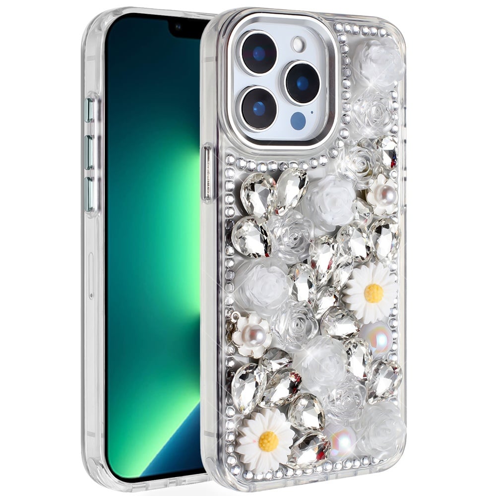 Phone Case for Apple iPhone 13 Pro Max Full Bling Rhinestone Glitter Floral Luxury Hybrid Shockproof Stylish Sparkling Protective Designer Ornament Cover White