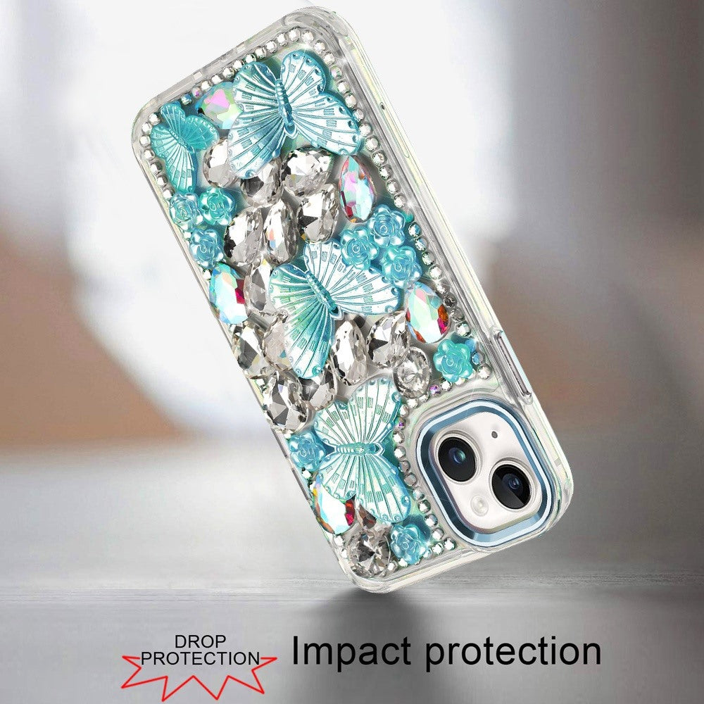 For Samsung Galaxy A37 3D Diamond Floral Butterfly Bling Stone Hybrid, Sparkly Rhinestone Gemstone Back Shockproof Case Cover