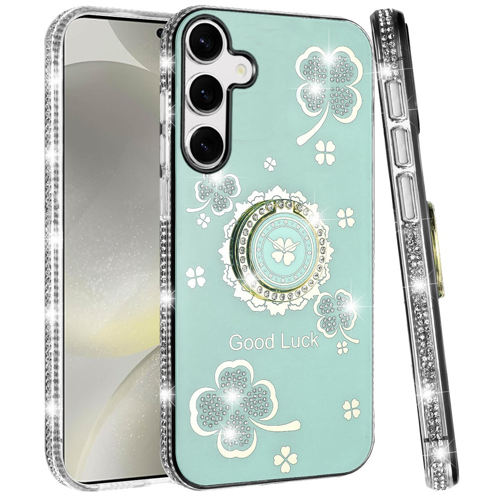 For Samsung Galaxy S25 /S24 Diamonds Bling All Around Edges Sparkly Glitter Hybrid with Ring Stand Holder Fashion Good Luck Case Cover