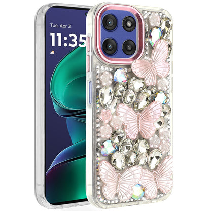 For Motorola Moto G Power 5G 2025 3D Diamond Floral Butterfly Bling Stone Hybrid, Sparkly Rhinestone Gemstone Back Shockproof Case Cover
