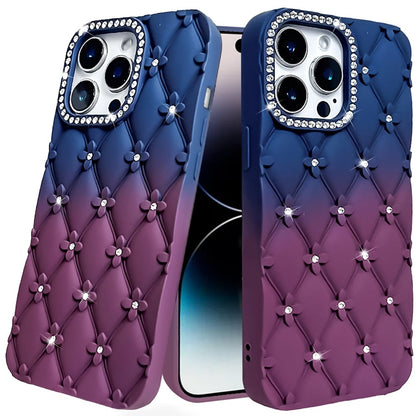 For iPhone 14 Pro Max (6.7") Fashion Flower Design Sparkle Glitter Shimmer Rhinestone Bling Floral Accents, Leather Texture TPU Case Cover