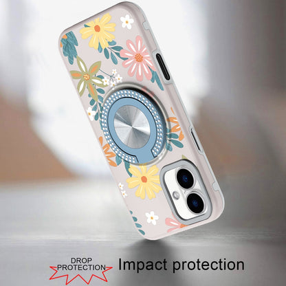 For iPhone 16 (6.1") Pattern Design Hybrid with Invisible Ring Stand & Magnetic Back, Shockproof Protective Grip Case Cover