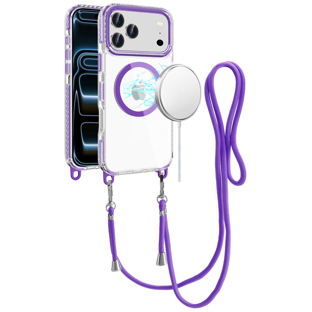 For Apple iPhone 17 Pro Max (6.9") Clear Magnetic Frame PC Back Shockproof Protective Case with Detachable Lanyard Strap, Compatible with MagSafe Case Cover Dark Purple