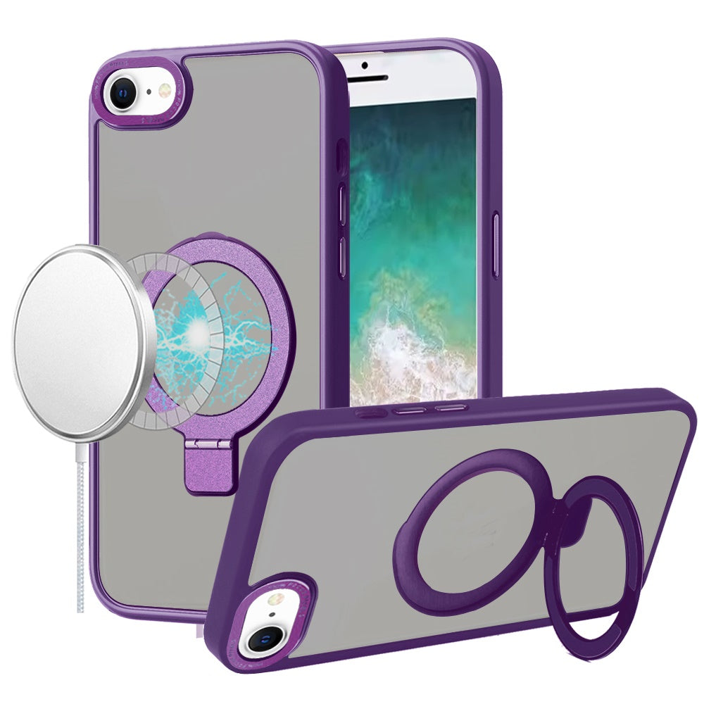 For Apple iPhone 17E /16E Magnetic Metal Matte with Built-in MagSafe Stand, Hybrid Shockproof Armor, TPU Frame Case Cover Purple