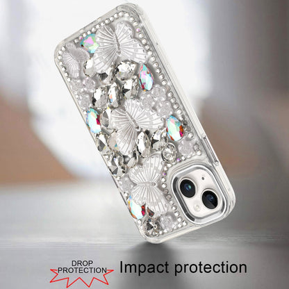 For Apple iPhone 13 Pro Max 3D Diamond Floral Butterfly Bling Stone Hybrid, Sparkly Rhinestone Gemstone Back Shockproof Case Cover