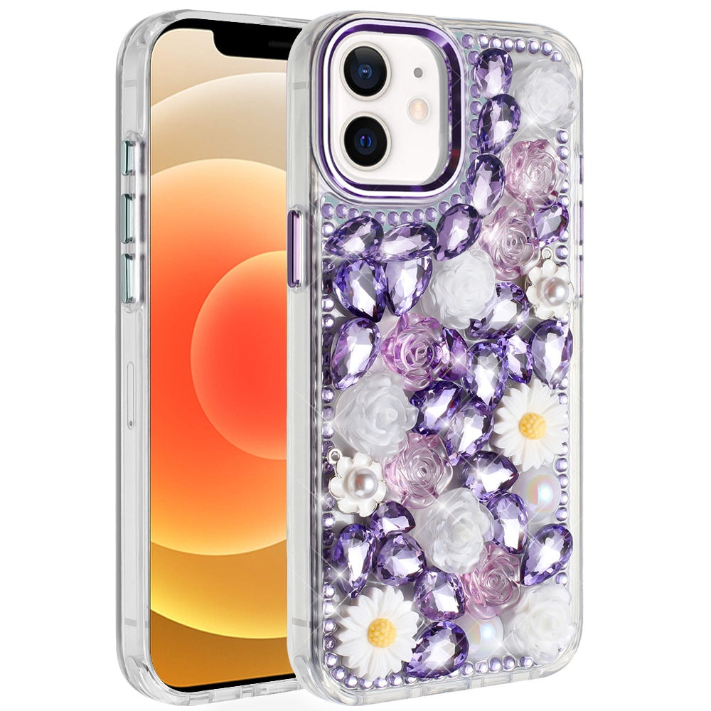 For iPhone 16 Pro Max Fashion Daisy Floral Series, Full 3D Bling Crystal Diamonds Sparkling Rhinestone Glitter Hybrid Design Case Cover Purple