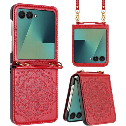 For Samsung Galaxy Z Flip 7 Embossed Floral PU Leather Henna Mandala Design Flip Cover with Strap, Hybrid Protective Case Cover