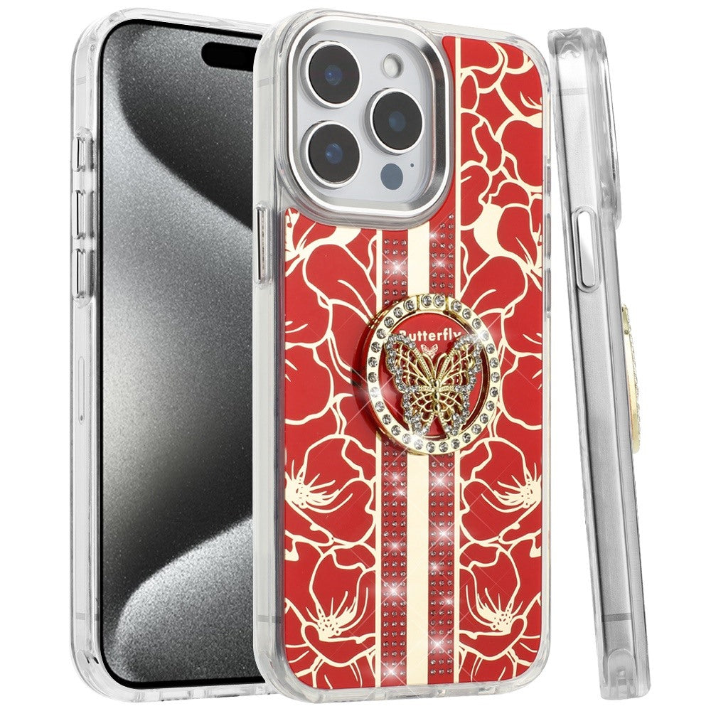 For iPhone 15 Pro Max (6.7") Diamonds 3D Butterfly Floral Design Bling Sparkly Glitter Hybrid Metal Fashion with Ring Stand Case Cover