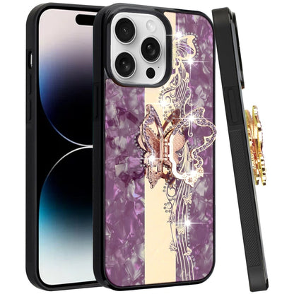 Phone Case for Apple iPhone 14 Pro Max Diamond Glitter Butterfly Engraved Ring Stand Luxury Bling Hybrid Shockproof Chrome Edge Protective Durable Grip Cover Purple