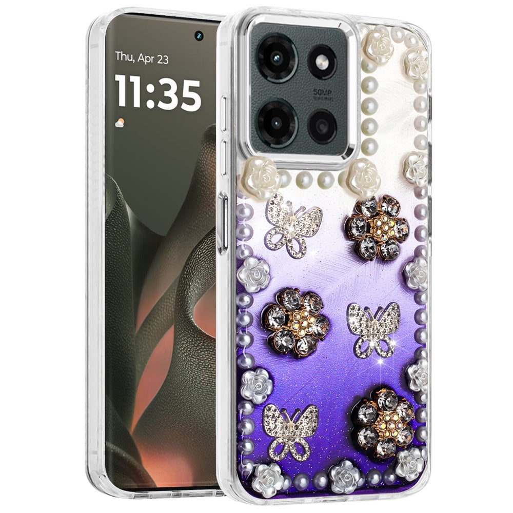 For Motorola Moto G Stylus 5G 2025 Bling Fashion Design with 3D Pearls Epoxy Glitter Ornaments Chrome Edge Hard Slim PC Case Cover