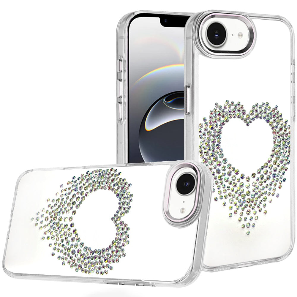 For Apple iPhone 17E /16E Angel Hearts Bling Glitter Diamond Hybrid TPU Cover, Colorful Frame Shockproof Protective Back Case Cover Silver