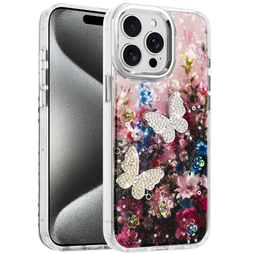 For Apple iPhone 16 Pro Max Epoxy Glitter Flowers Bling 3D Butterfly Fashion TPU Hybrid with Shockproof Protection Case Cover