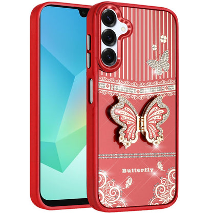 For Samsung Galaxy A16 5G Glitter 3D Butterfly Design Bling Metallic Edge Hybrid Stand Drop Protection TPU Shockproof Case Cover Cosmic Orange