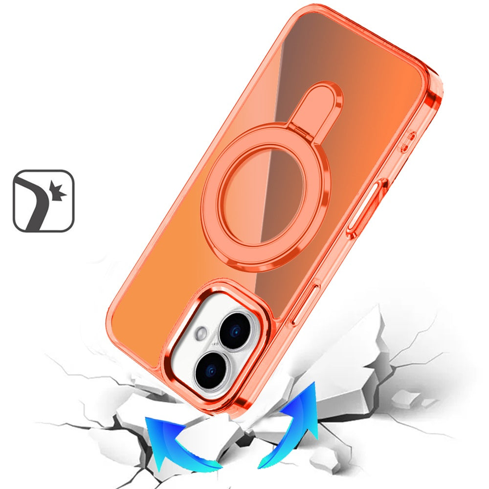 For Apple iPhone 17 (6.3") Chrome Hybrid with Rotating Magnetic Circle Ring Stand, Slim Shockproof Hybrid Case Cover Cosmic Orange
