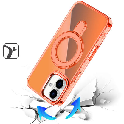 For Apple iPhone 17 (6.3") Chrome Hybrid with Rotating Magnetic Circle Ring Stand, Slim Shockproof Hybrid Case Cover Cosmic Orange