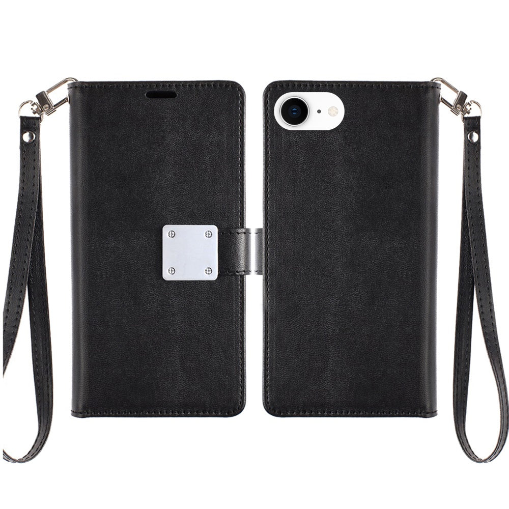 For Samsung Galaxy S21+ Plus Wallet Case with ID/ Card Holder, Wristlet Strap, Magnetic TPU Protective Shockproof Folio Flip Case Cover Black