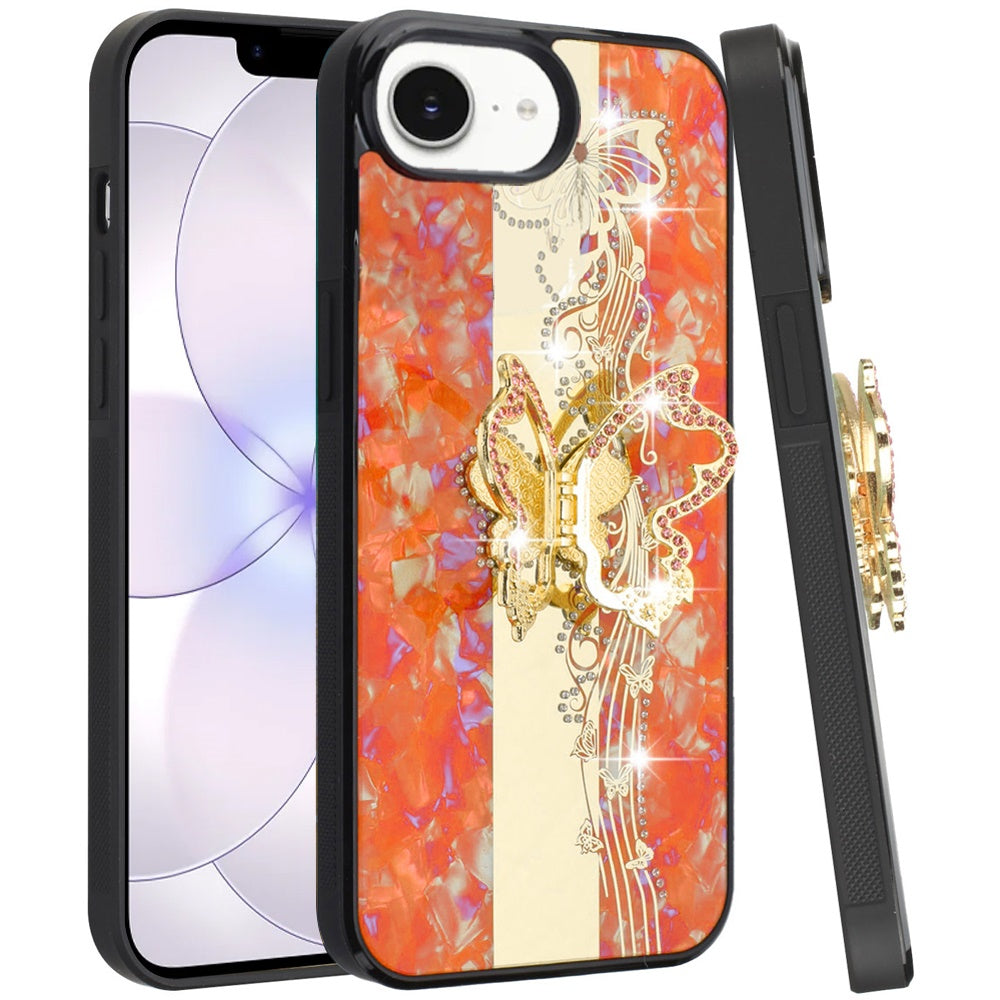 For Apple iPhone 17E /16E Diamonds 3D Butterfly Bling Sparkly Glitter Ornaments Engraving Hybrid Metal Fashion Case Cover Enchanted Butterfly Cosmic Orange